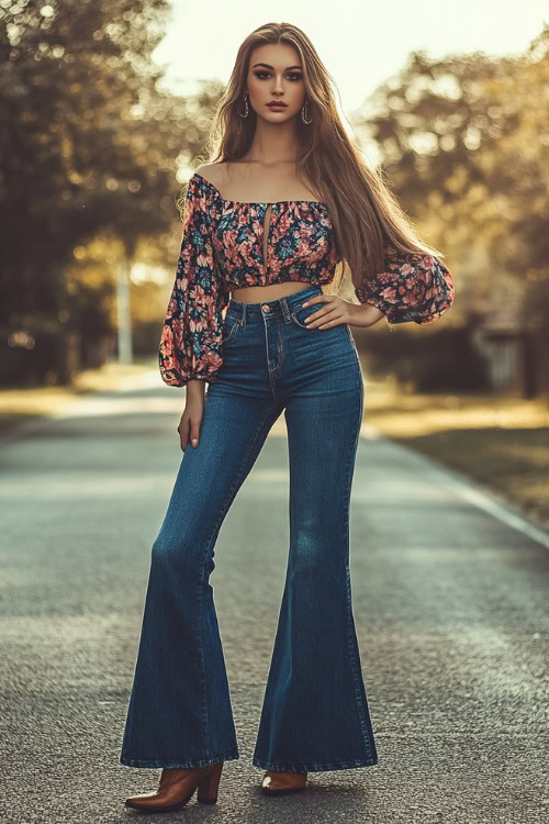 A woman wears a floral blouse, wide-leg jeans, and paring with western booties on the countryside street