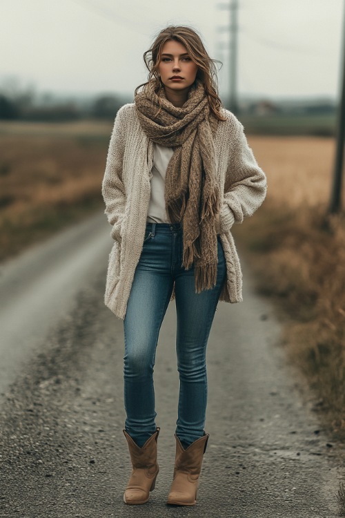 A woman wears a wool scarf, oversized sweater over shirts, jeans and paring with short cowboy boots on the countryside street