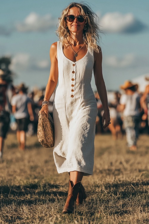 A women wears sleevesless white dress with cowboy boots in the country concert