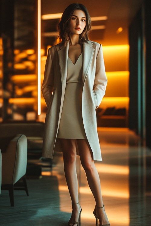 Fashionable woman in a slip dress with an oversized blazer and heeled mules, standing in a modern lounge with warm lighting