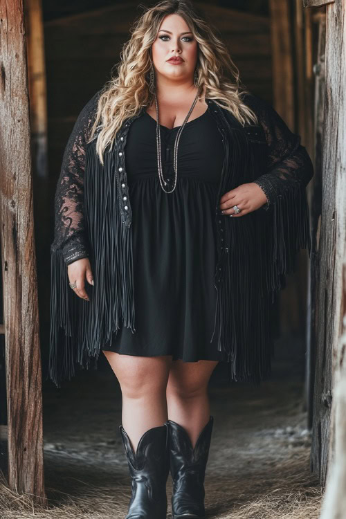 Plus-size woman in a black fringe jacket over a fitted midi dress, styled with black cowboy boots and silver jewelry