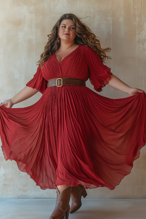 Plus-size woman in a bold red flowy dress with a brown belt and ankle cowboy boots, adding a classic country feel