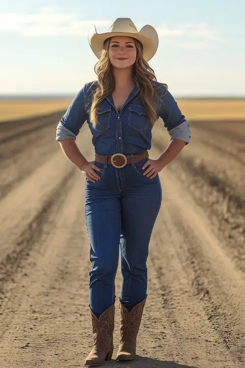 Plus-size woman in a casual denim romper with rolled-up sleeves, cinched at the waist with a western belt (2)