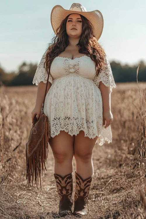 Plus-size woman in a country-chic white lace dress with brown cowboy boots, styled with a fringed bag and sun hat