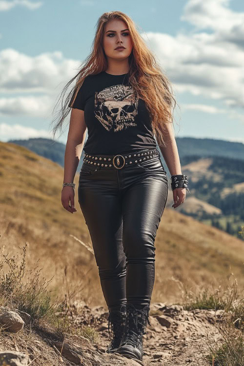 Plus-size woman in a cropped graphic tee paired with faux leather pants, accessorized with a studded belt and chunky lace-up boots