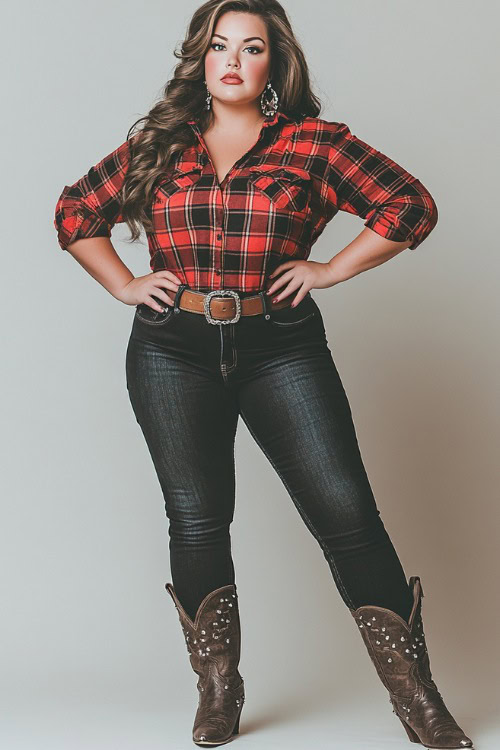 Plus-size woman in a flannel shirt tied at the waist, dark skinny jeans, and studded cowboy boots