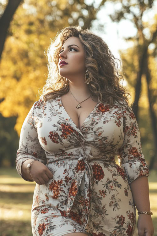 Plus-size woman in a floral wrap dress with knee-high cowboy boots, accessorized with delicate jewelry