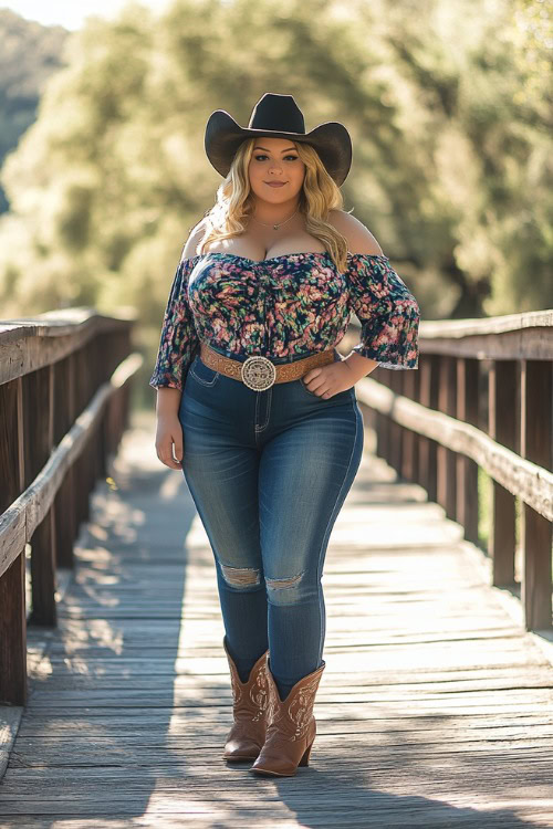 Plus-size woman in a flowy off-the-shoulder top with bootcut jeans and cowboy boots, accessorized with a western-style belt