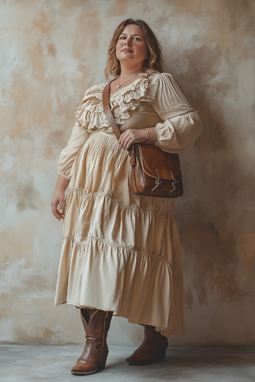 Plus-size woman in a flowy tiered maxi skirt with a tucked-in ruffled blouse and cowboy boots, accessorized with a leather crossbody bag