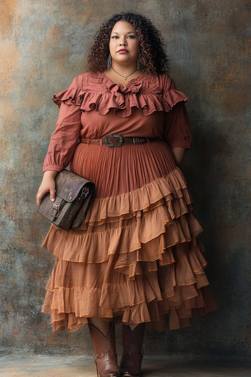 Plus-size woman in a flowy tiered maxi skirt with a tucked-in ruffled blouse and cowboy boots