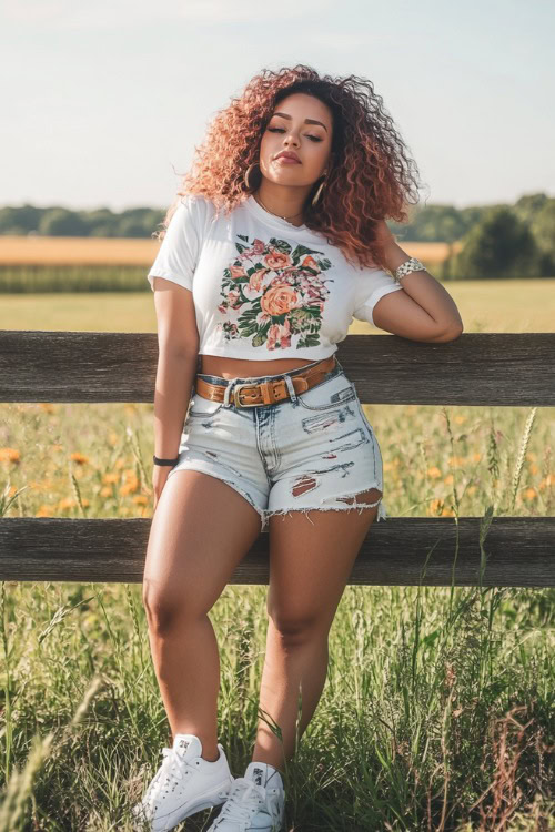 Plus-size woman in a knotted graphic tee with high-rise distressed denim shorts, accessorized with a leather belt and white sneakers