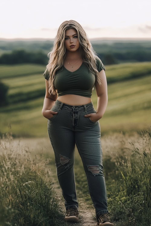 Plus-size woman in a knotted muscle tee with cargo-style jeans, accessorized with chunky platform sneakers (2)