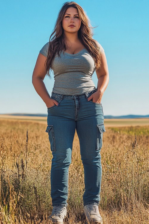 Plus-size woman in a knotted muscle tee with cargo-style jeans, accessorized with chunky platform sneakers