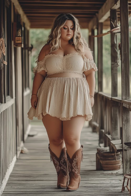 Plus-size woman in a modern off-the-shoulder dress with ruffled sleeves, paired with embroidered cowboy boots