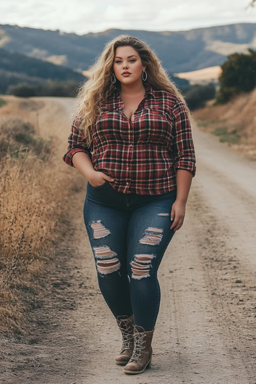 Plus-size woman in a plaid button-up shirt tucked into ripped skinny jeans, paired with chunky-heeled ankle boots