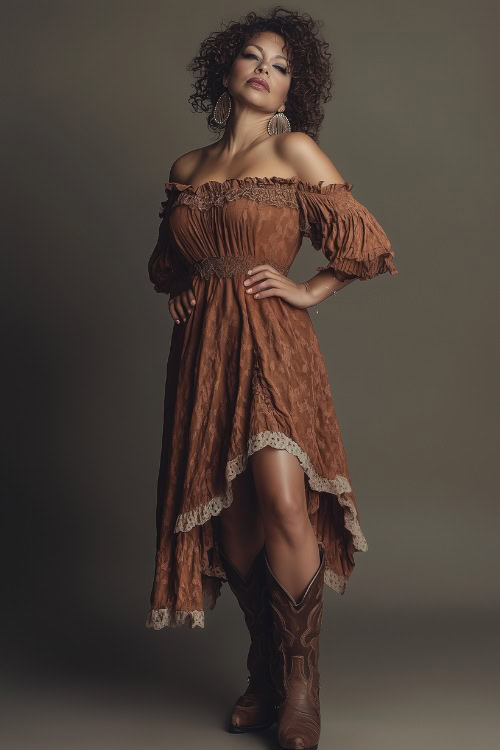 Plus-size woman in a romantic off-shoulder peasant dress with cowboy boots, accessorized with boho statement earrings