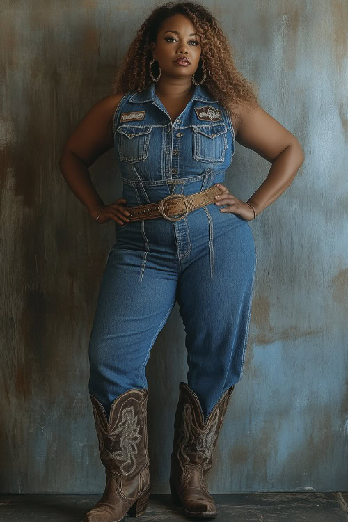 Plus-size woman in a sleeveless denim jumpsuit with a western belt and ankle cowboy boots