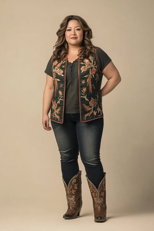 Plus-size woman in a stylish embroidered western vest over a fitted tank top and dark-wash skinny jeans