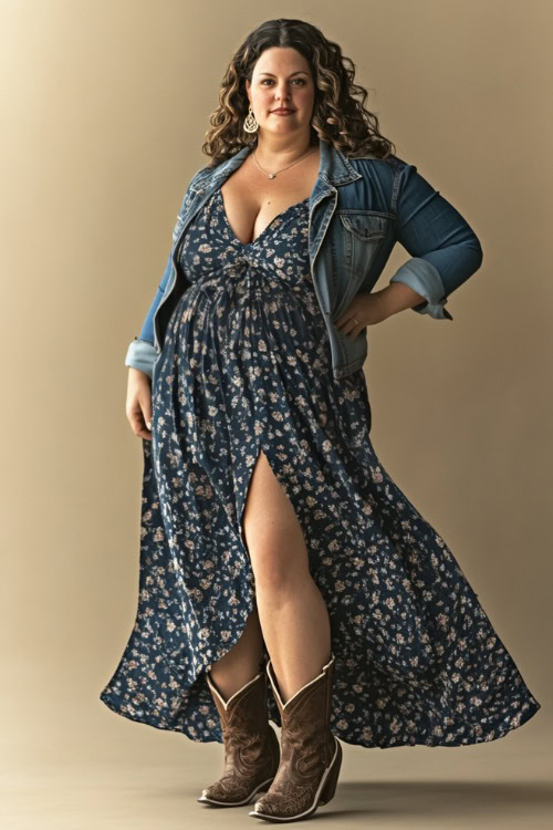 Plus-size woman in a stylish high-slit maxi dress with a denim jacket draped over the shoulders, worn with cowboy boots