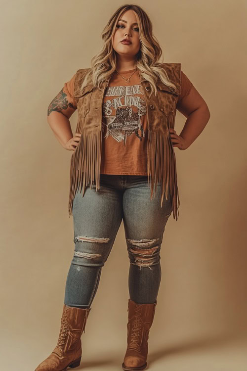 Plus-size woman in a stylish suede fringe vest over a graphic tee and distressed jeans, accessorized with leather boots