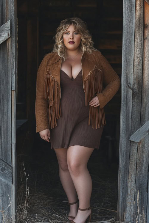 Plus-size woman in a suede fringe jacket over a body-hugging midi dress, accessorized with block-heeled mules (2)