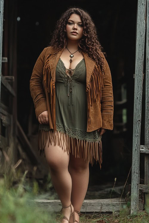 Plus-size woman in a suede fringe jacket over a body-hugging midi dress, accessorized with block-heeled mules