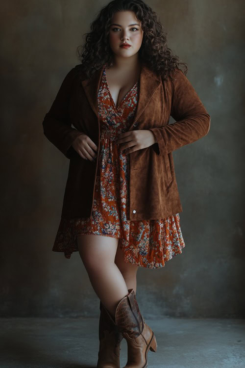 Plus-size woman in a tailored suede jacket over a boho dress with slouchy cowboy boots, standing in a poised stance