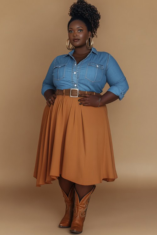 Plus-size woman in a trendy knotted chambray shirt with a flowy midi skirt and cowboy boots