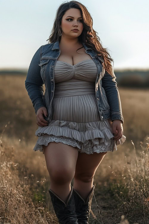 Plus-size woman in a trendy ruched dress with a cropped denim jacket and cowboy boots