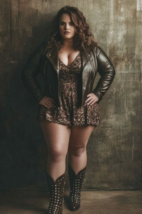 Plus-size woman in a western-style leather jacket over a bodycon dress, paired with studded ankle cowboy boots