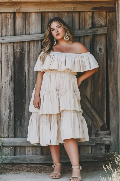 Plus-size woman in an off-the-shoulder peasant blouse tucked into a flowy tiered skirt, paired with espadrille wedges