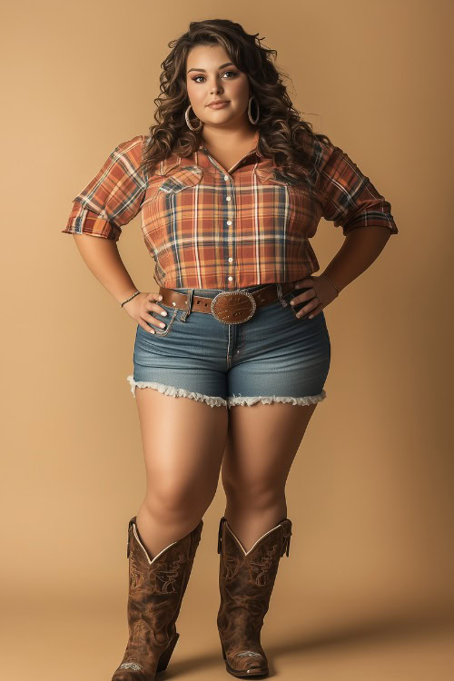 Plus-size woman in high-waisted denim shorts, a tucked-in plaid shirt, and brown cowboy boots