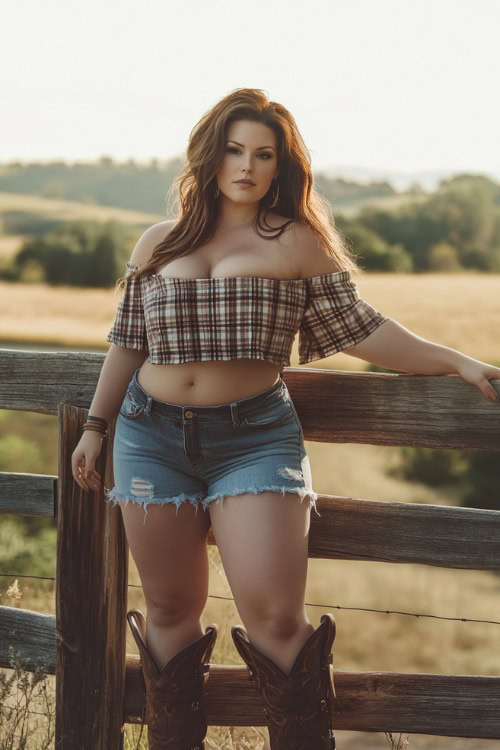 Plus-size woman in high-waisted denim shorts and an off-shoulder plaid top, paired with brown cowboy boots