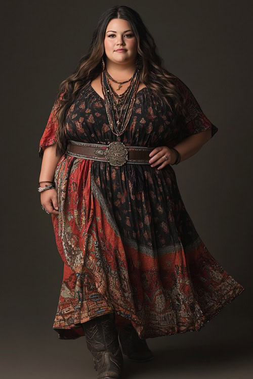 Plus-size woman wearing a flowy bohemian maxi dress with a western belt and cowboy boots