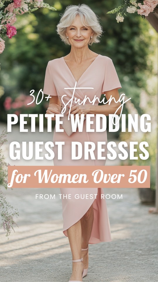 a petite woman over 50 wears a peach wedding guest dress