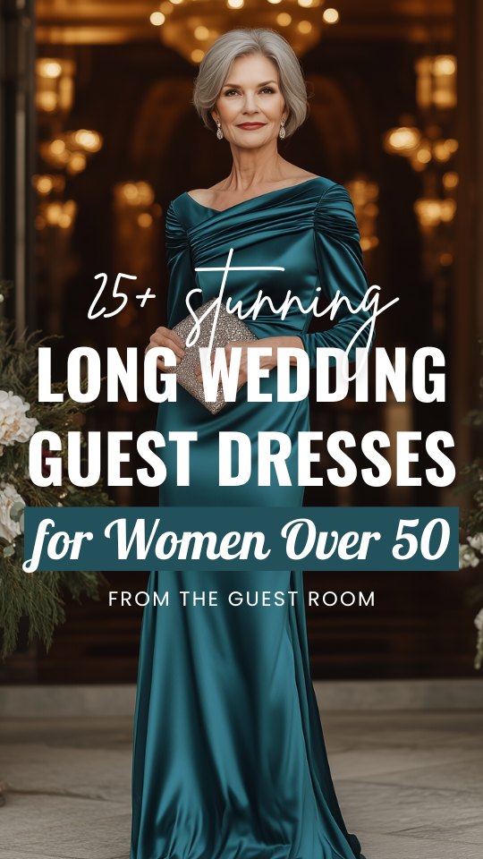 a woman over 50 wears a green long wedding guest dress