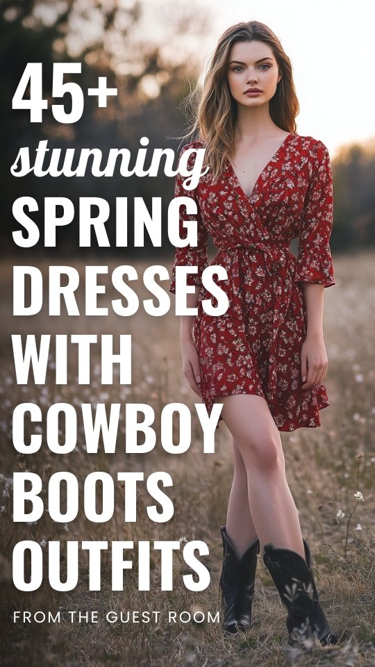 a woman wears a red floral dress with cowboy boots in spring