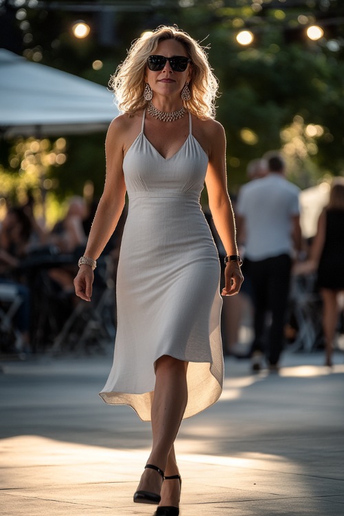 woman over 40 wearing a timeless A-line midi dress with a high neckline, accessorized with strappy heels and a statement bracelet at a concert.