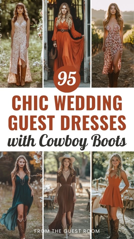 women wear wedding guest dresses with cowboy boots