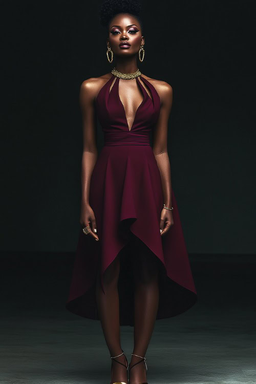 A Black woman styled in a cut-out midi dress in deep burgundy, featuring an asymmetrical neckline and ruched detailing, paired with clear heels and layered gold necklaces