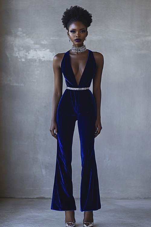 A Black woman wearing a deep-cut velvet jumpsuit in royal blue, paired with pointed-toe heels and a diamond choker necklace