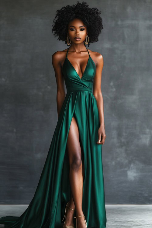 A Black woman wearing a sleek satin midi dress in deep emerald green, featuring a high slit and a draped neckline, paired with strappy gold heels and bold hoop earrings