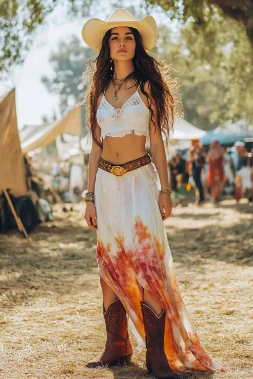 A bohemian festival-goer in a white lace-up corset top with a flowy tie-dye maxi skirt, accessorized with cowboy boots and a floppy hat