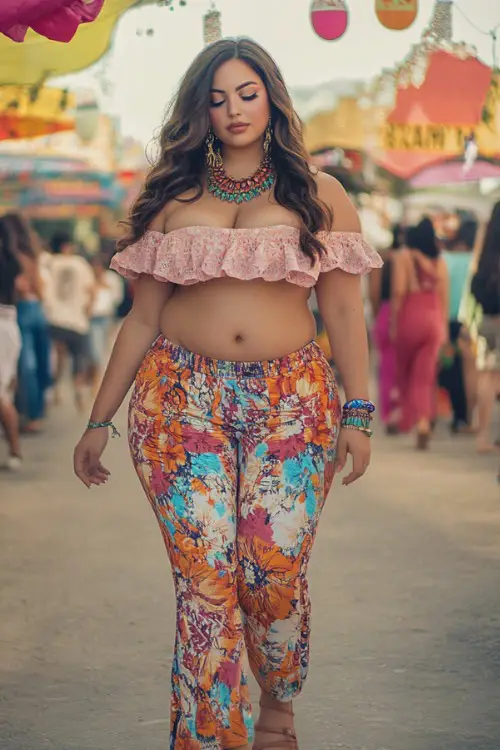 A boho-chic plus-size woman in an off-the-shoulder ruffled crop top with high-waisted flared pants, styled with statement jewelry and sandals