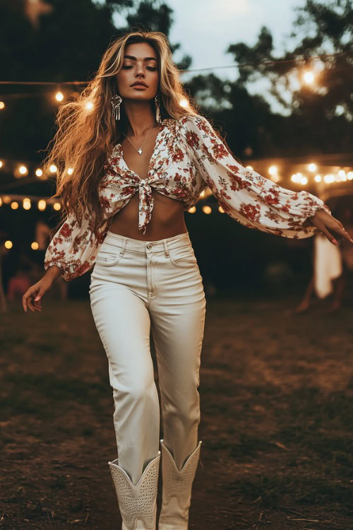 A boho-chic woman in a tie-front floral blouse with high-waisted wide-leg pants, styled with white cowboy boots and tassel earrings, dancing under festival lights