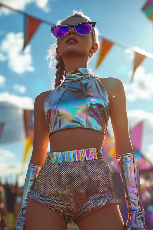 A bold festival-goer in a metallic crop top with a high-waisted mesh skirt, paired with platform boots and futuristic sunglasses, standing near colorful festival flags