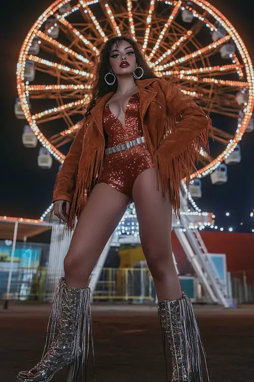 A bold plus-size woman in a sequined mini dress with a fringed suede jacket, accessorized with platform boots and silver hoop earrings, posing near a Ferris wheel