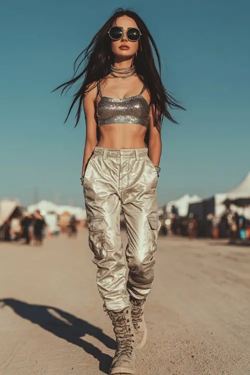 A confident festival-goer in a silver glitter crop top with high-waisted cargo pants, accessorized with chunky boots and oversized aviator sunglasses