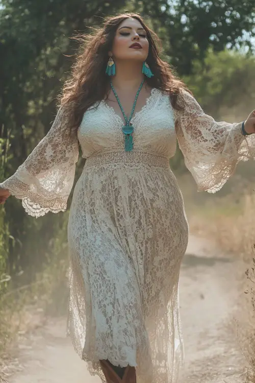 A confident plus-size woman in a bohemian white lace maxi dress with bell sleeves, paired with brown cowboy boots and layered turquoise jewelry