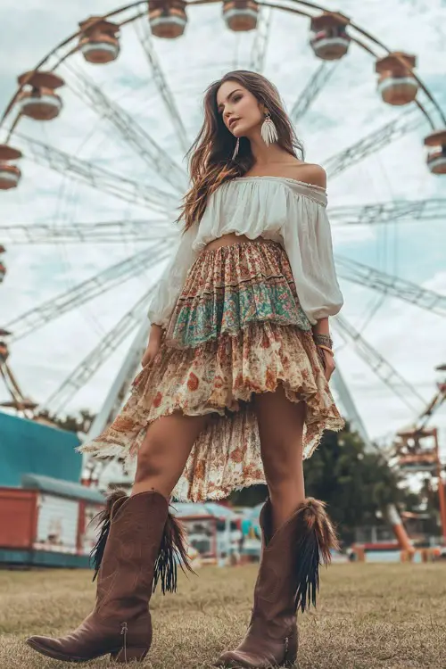 A confident woman in a flowy off-the-shoulder peasant blouse with a tiered bohemian maxi skirt, accessorized with brown cowboy boots and feather earrings